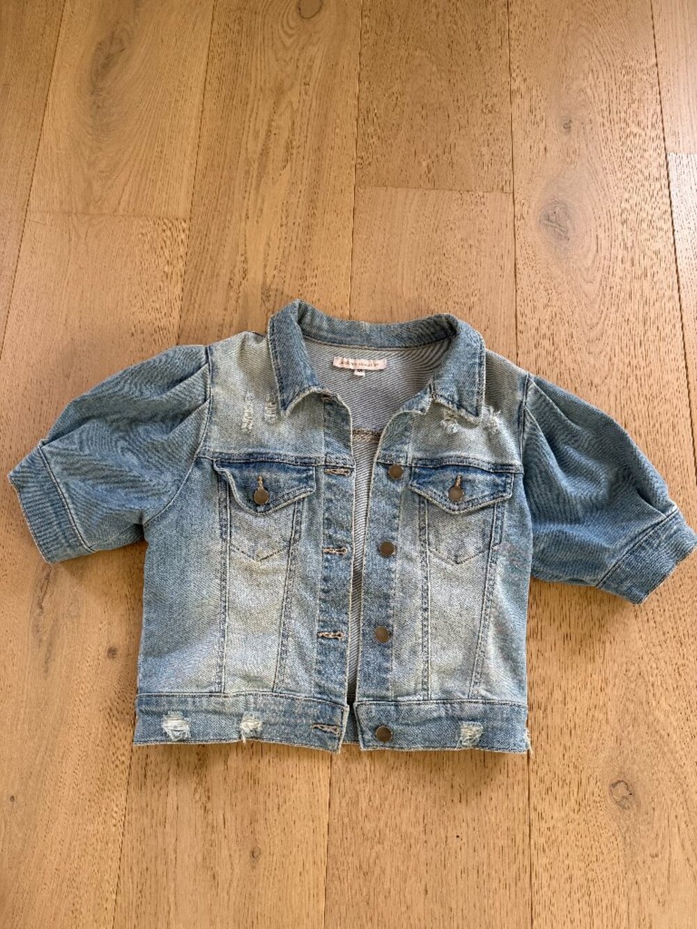 Pookie & Sebastian- Light Distressed Puff Sleeve Denim Jacket- Size XS